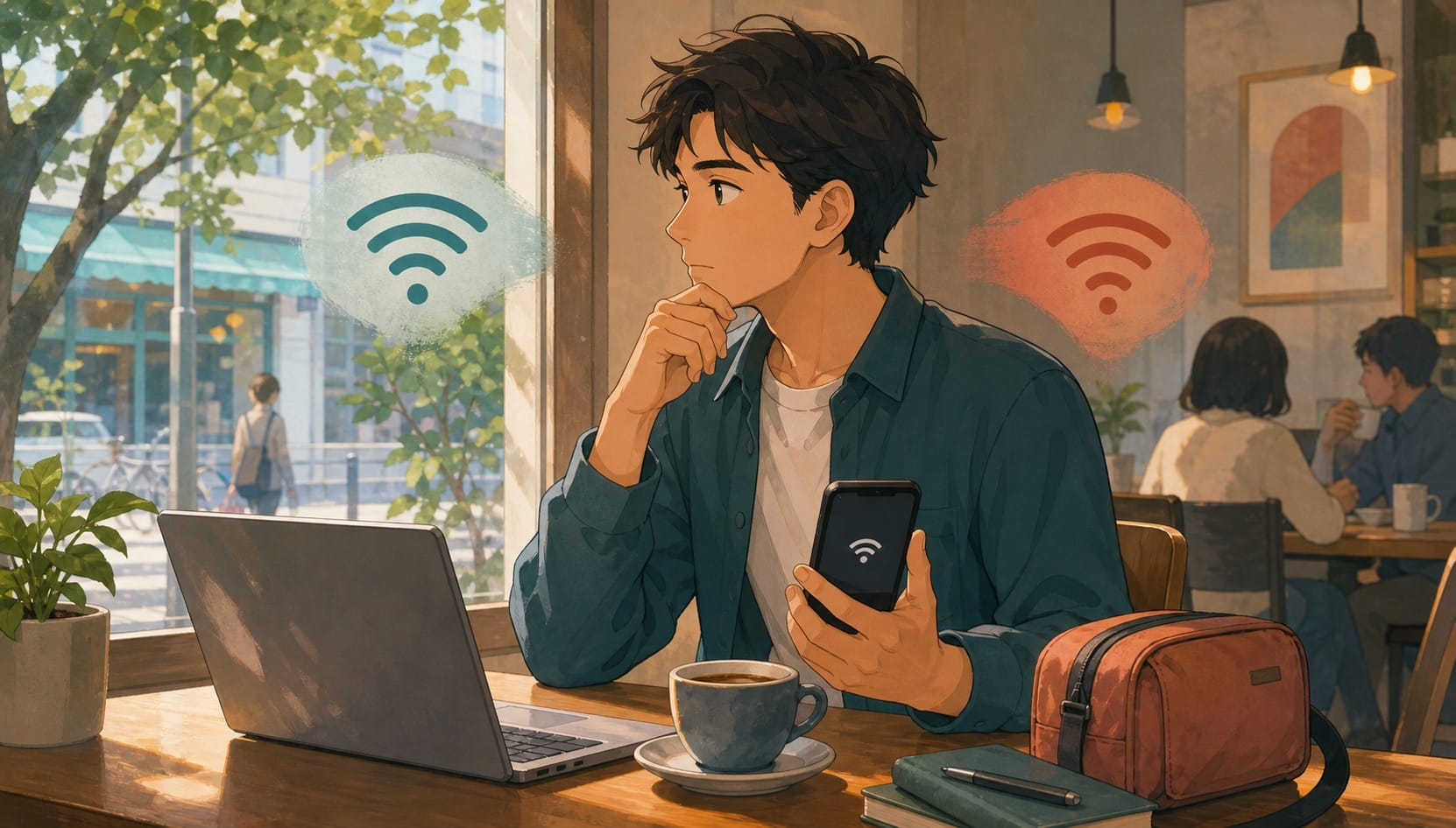 ภาพประกอบคนทำงานในคาเฟ่กำลังเลือกใช้งาน Wi-Fi สาธารณะหรือ hotspot มือถืออย่างรอบคอบ