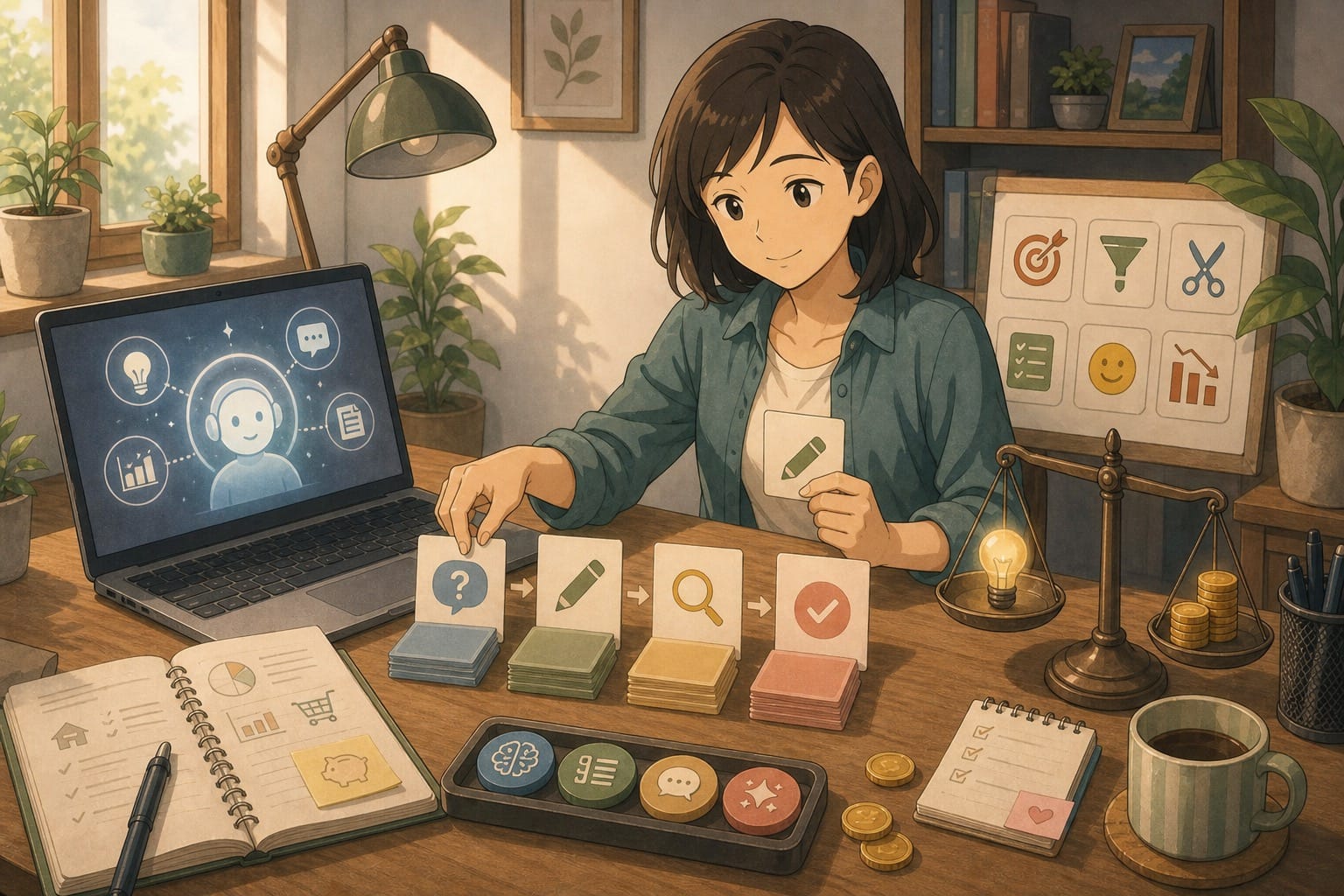 ภาพประกอบคนทำงานทั่วไปกำลังจัดการงาน AI ให้คุ้มค่า โดยมี token เหรียญ งบประมาณ prompt และการตรวจงานบนโต๊ะ