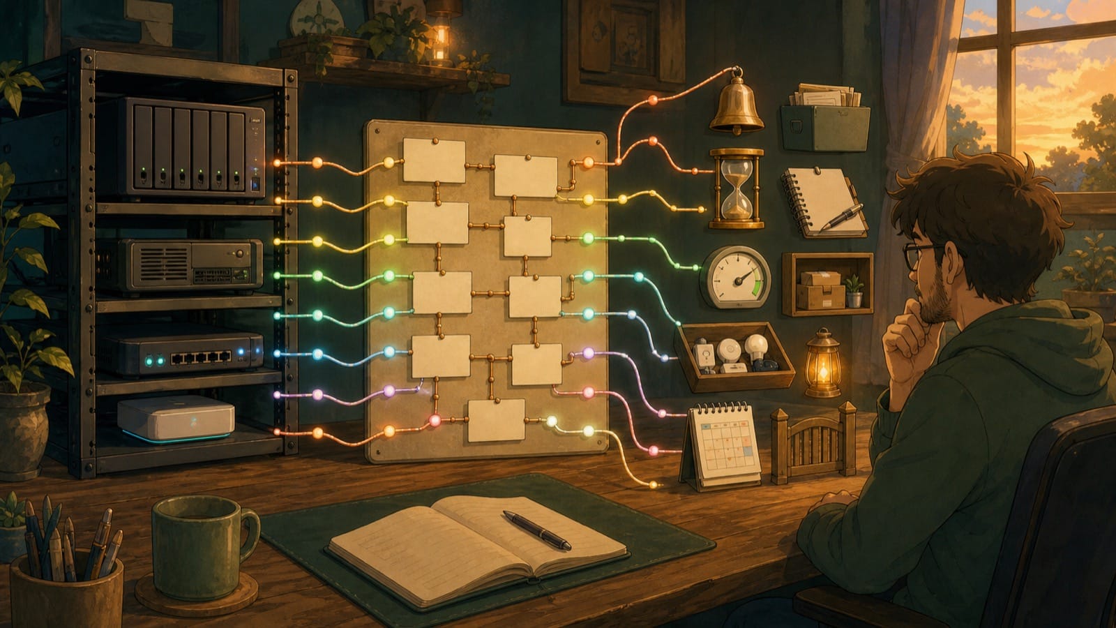 เจ้าของ homelab กำลังออกแบบ workflow กลางที่เชื่อม NAS, server, network, backup และ smart home ไปยังงานดูแลสิบแบบ