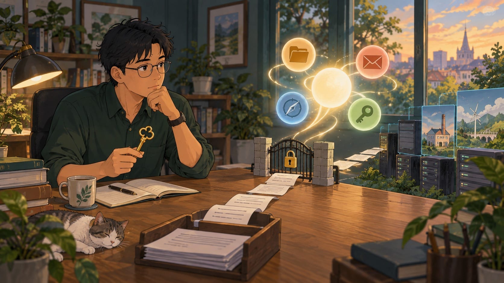 ผู้ใช้ตรวจขอบเขตของ AI agent ที่มีเครื่องมือและข้อมูลเชื่อมต่ออยู่ โดยมีจุดอนุมัติและบันทึกการทำงานอยู่ข้างกัน
