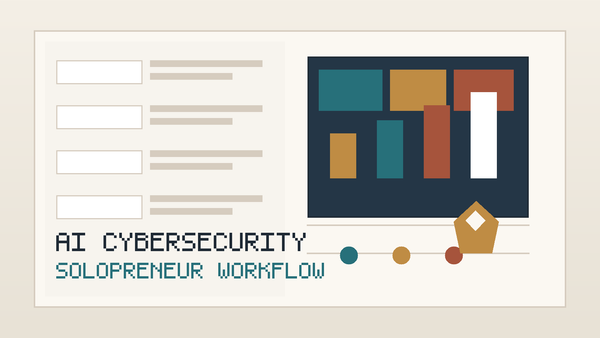 ภาพประกอบแนว editorial ของโต๊ะทำงานที่มีแดชบอร์ดความปลอดภัยไซเบอร์และเครื่องมือ AI สำหรับที่ปรึกษาทำงานคนเดียว