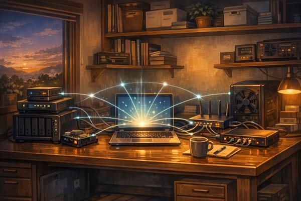 ภาพประกอบแนว editorial ของ homelab ที่เชื่อมหลายอุปกรณ์ผ่านโหนดควบคุมกลางแบบ Zero Trust