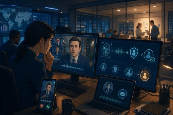 ภาพประกอบของทีม security ที่กำลังตรวจสอบความเสี่ยงจาก deepfake ซึ่งพยายามปลอมทั้งใบหน้าและเสียงเพื่อผ่านกระบวนการยืนยันตัวตน