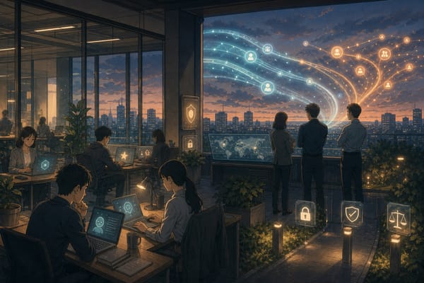 ภาพประกอบสำนักงานที่พนักงานใช้เครื่องมือ AI หลายตัวนอกสายตาทีม IT พร้อมเส้นทางข้อมูลที่ไหลออกจากระบบองค์กร