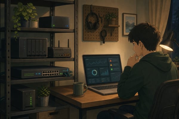 ภาพประกอบผู้ดูแล homelab กำลังดู dashboard ที่เรียบง่ายและมี alert เฉพาะเรื่องสำคัญ