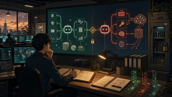 ภาพประกอบศูนย์ปฏิบัติการ security ที่ใช้ AI agent ช่วยงาน พร้อมขอบเขตสิทธิ์และจุดควบคุมความเสี่ยงรอบ workflow