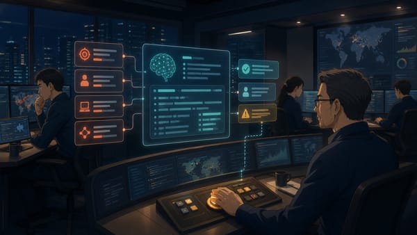 ภาพประกอบห้อง Security Operations ที่ใช้ AI ช่วยจัดระเบียบ alert และ incident summary โดยมี analyst เป็นผู้ตัดสินใจขั้นสุดท้าย