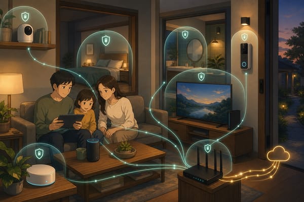 ภาพประกอบบ้านอัจฉริยะที่มีกล้อง ไมค์ router และเส้นขอบเขตความเป็นส่วนตัวรอบพื้นที่สำคัญในบ้าน