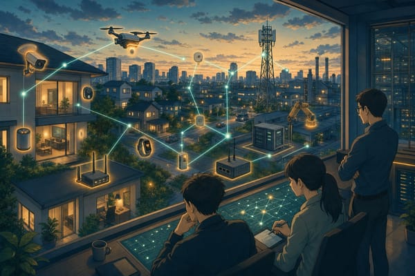 ภาพประกอบเมืองและบ้านอัจฉริยะที่มีอุปกรณ์ IoT, 5G, edge server และทีม security เฝ้าดูเส้นทางข้อมูล