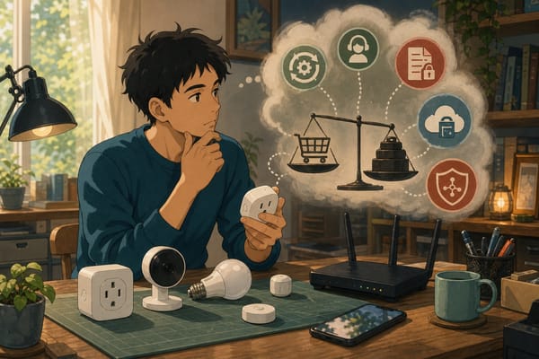 ภาพประกอบโต๊ะทำงานที่มีอุปกรณ์ IoT ราคาถูกหลายชิ้น พร้อมสัญลักษณ์ต้นทุนแฝงเรื่อง firmware, privacy, cloud และ network risk