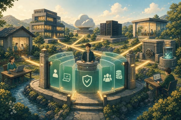 ภาพประกอบองค์กรสมัยใหม่ที่ใช้ Zero Trust Architecture โดยมีจุดตรวจสอบสิทธิ์คั่นระหว่างผู้ใช้ อุปกรณ์ แอปพลิเคชัน และข้อมูล