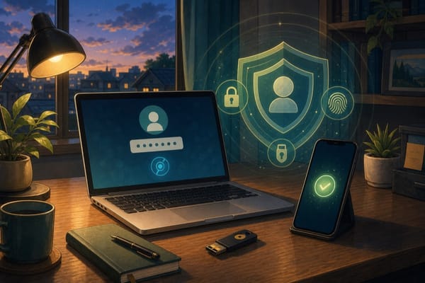 ภาพประกอบโต๊ะทำงานที่มี laptop โทรศัพท์ security key และชั้นป้องกันบัญชีเพื่อสื่อถึงการใช้ MFA