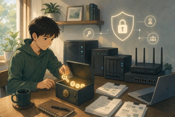 ภาพประกอบผู้ดูแล homelab กำลังแยกกุญแจและ token ออกจากไฟล์ config ไปเก็บในกล่องนิรภัย