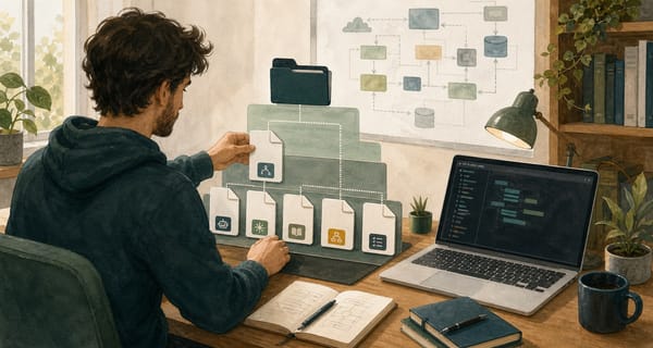 ภาพประกอบนักพัฒนากำลังจัดระเบียบไฟล์ context ของโปรเจกต์สำหรับ AI coding assistant เช่น AGENTS.md, CLAUDE.md, README, architecture note และ runbook