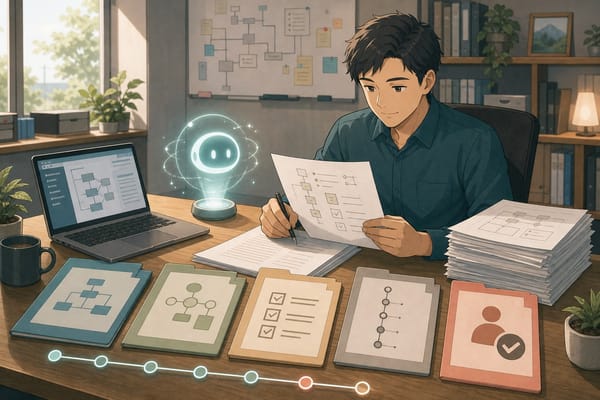 ภาพประกอบที่ปรึกษา IT กำลังใช้ AI ช่วยจัดทำ SOP runbook และ checklist พร้อมขั้นตอน human review และ version control