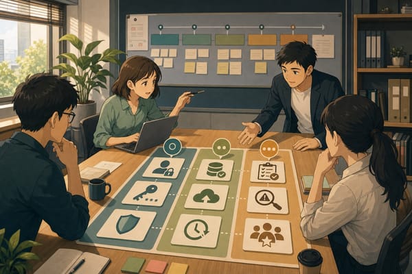ภาพประกอบทีม SME กำลังวาง security roadmap 90 วันด้วย quick wins, backup, logging และ vendor risk