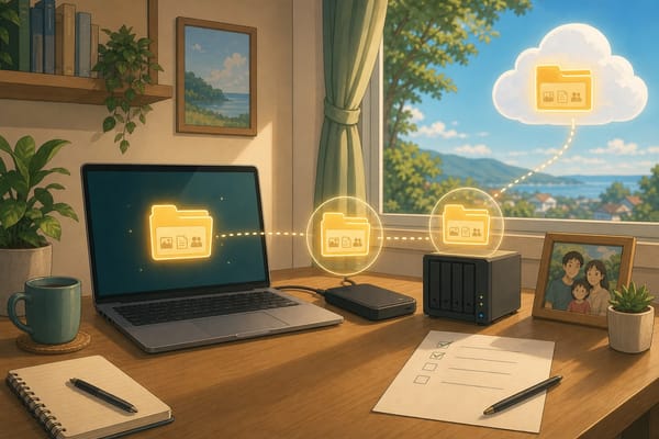 ภาพประกอบโต๊ะทำงานที่มี laptop, external drive, NAS และ cloud เพื่อสื่อถึงหลัก Backup 3-2-1