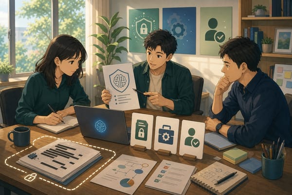 ภาพประกอบทีมเล็กวาง AI policy แบบใช้งานจริงด้วยการ์ดข้อมูล เครื่องมือที่อนุญาต และจุดตรวจโดยมนุษย์