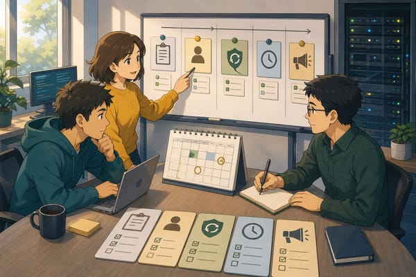 ภาพประกอบทีมเล็กวางแผน change management ด้วย change log owner rollback maintenance window และการสื่อสารผู้ใช้