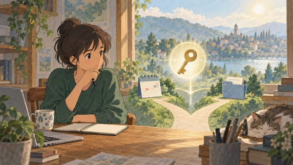 คนทำงานหยุดพิจารณาการเชื่อมแอปใหม่กับบัญชีงาน โดยมีปฏิทินและโฟลเดอร์เอกสารอยู่ใกล้กัน